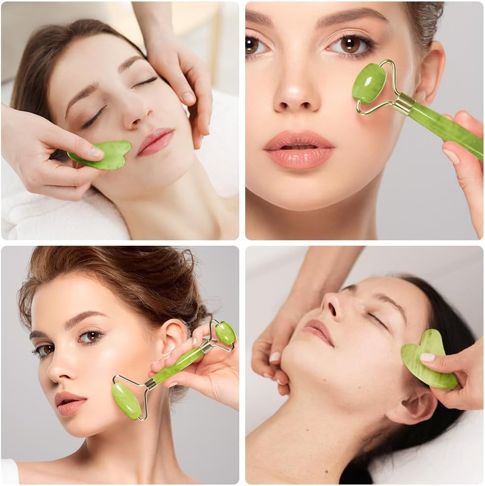 Gua Sha Facial Tools & Jade Roller Set for Face Guasha Tool for Face Ice Roller for Skin Care Gua Sha Stone Board Set for Reduce Puffiness and Improve Wrinkles Self Care Gifts(Green)