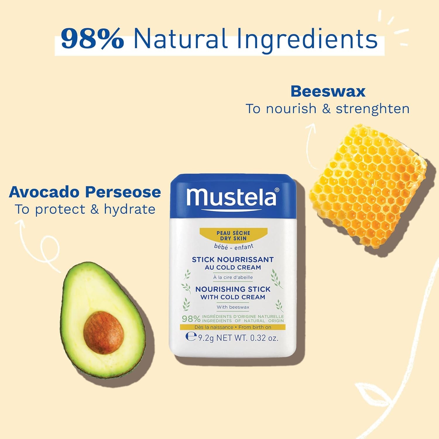 Mustela Baby urishing Stick - Lip & Face Moisturizer for Dry Skin - with Natural Avocado, Cold Cream & Beeswax - 0.32 Oz. - Packaging May Vary