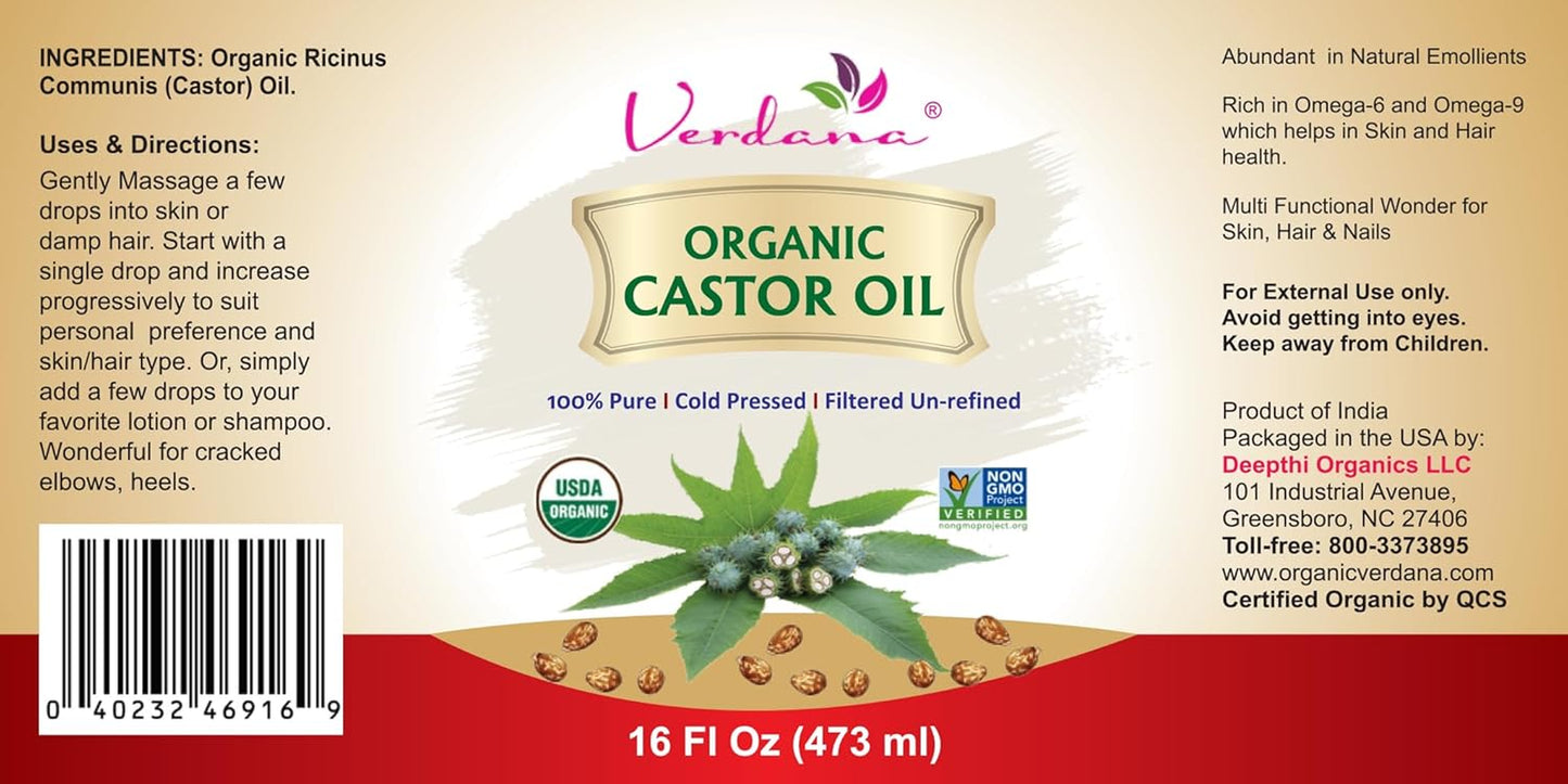 Organic Castor Oil – 16 Fl Oz Size – Cold Pressed, Unrefined, Hexane Free - for Face, Hair, Pack Wrap